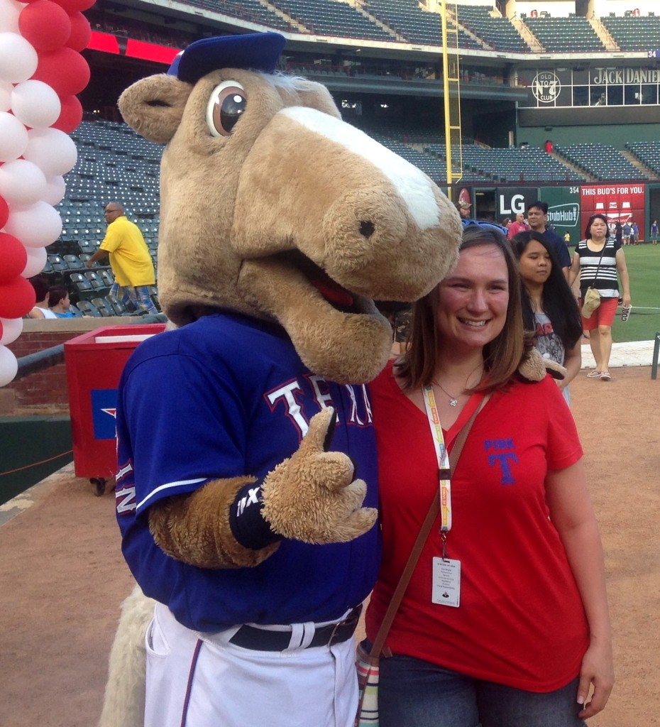 Photo: LaQuenda Jackson The Texas Rangers mascot with an associate at Globe Life Park.