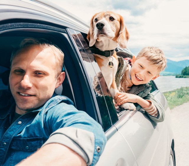 Man and boy traveling with a dog in car