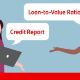 Illustration of two people with thought bubbles saying loan-to-value ratio and credit report