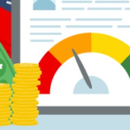 Illustration of coins stacked in front of tachometer with needle in the orange area ot the left