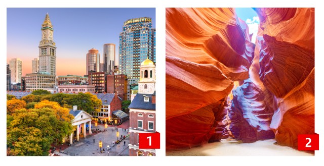 An image collage of Boston city center and Arizona canyons.