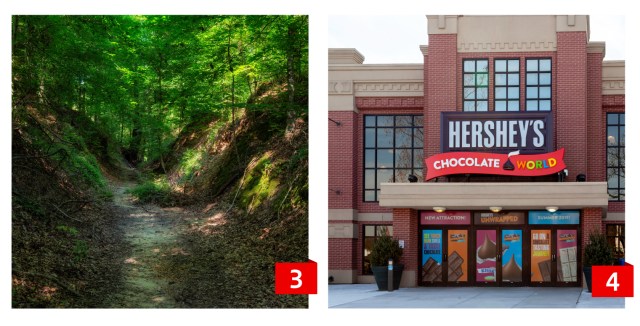 An image collage of a Native American footpath and Hershey’s Chocolate World.