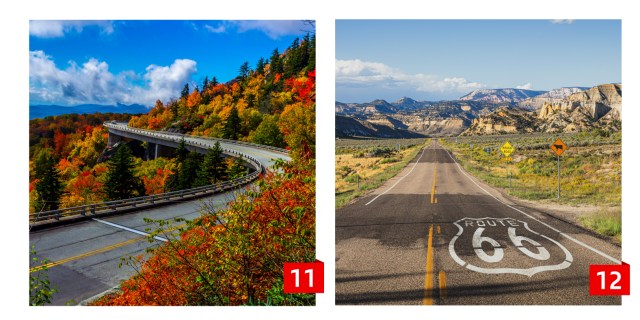 An image collage of a road through trees in the mountains and Route 66 through plains.