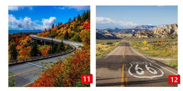 An image collage of a road through trees in the mountains and Route 66 through plains.